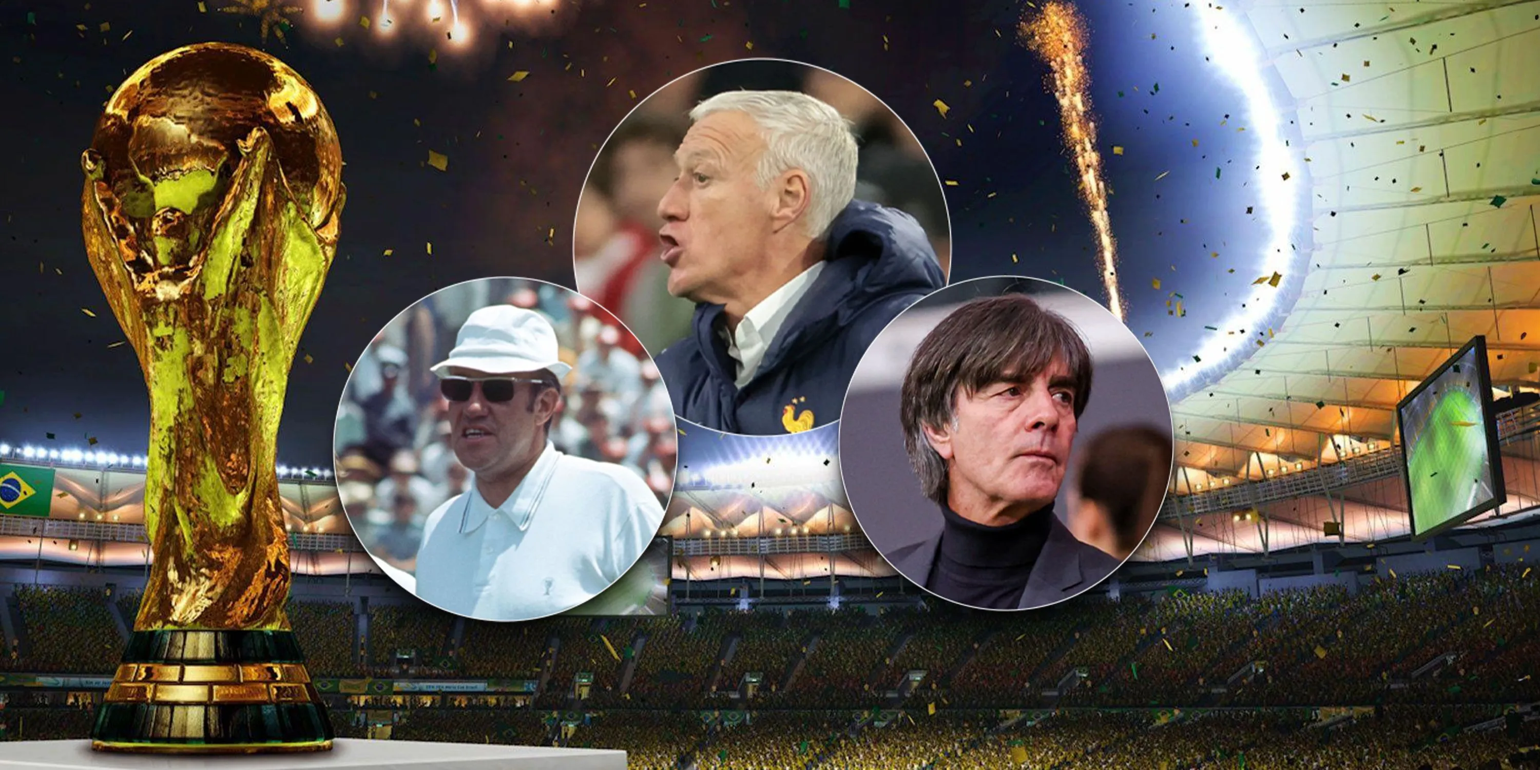 Các HLV huyền thoại Helmut Schon, Didier Deschamps và Joachim Low bên cạnh Cúp Vàng World Cup