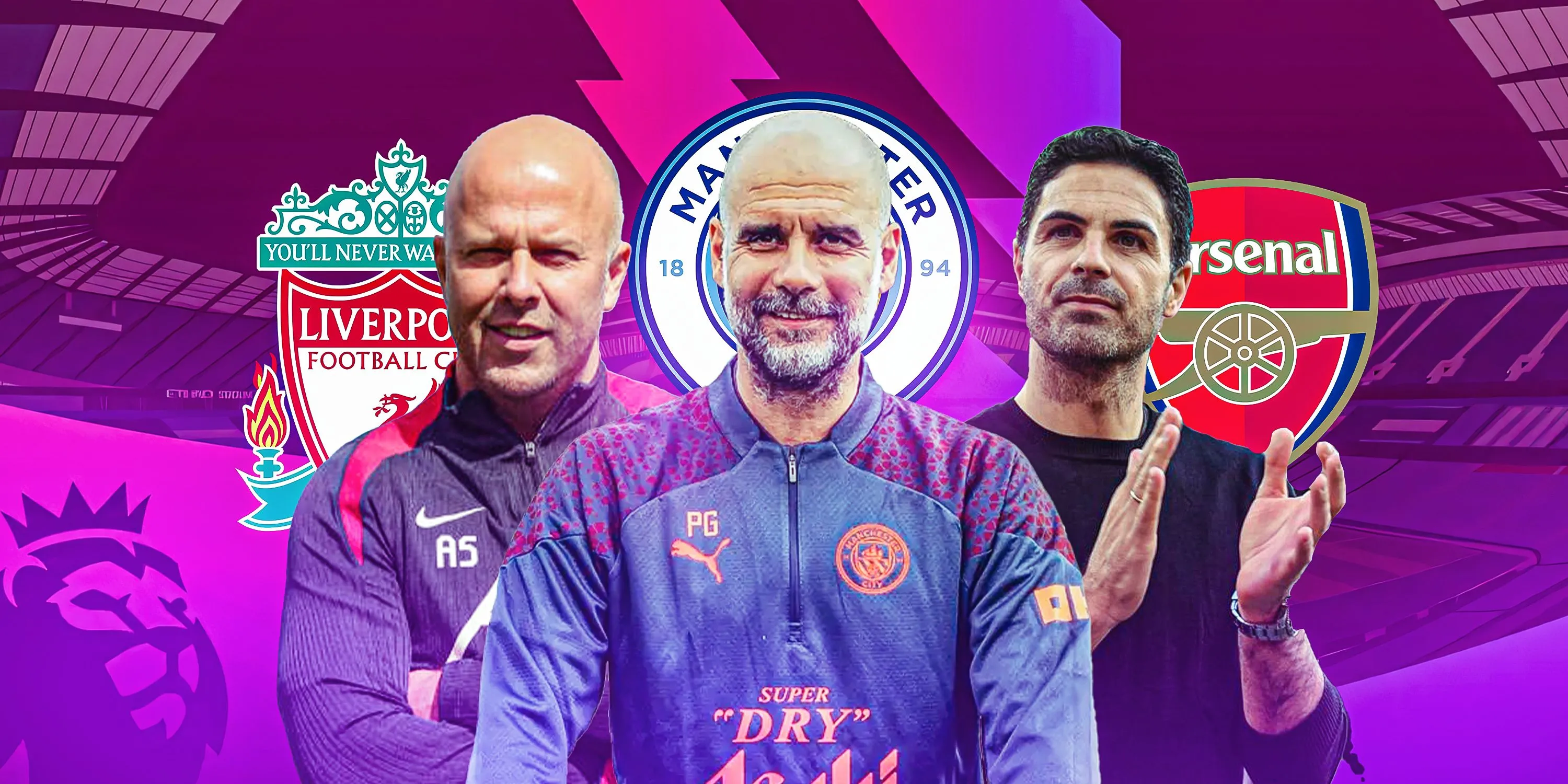 HLV Mikel Arteta của Arsenal cùng Pep Guardiola và Arne Slot trong một bức ảnh tổng hợp