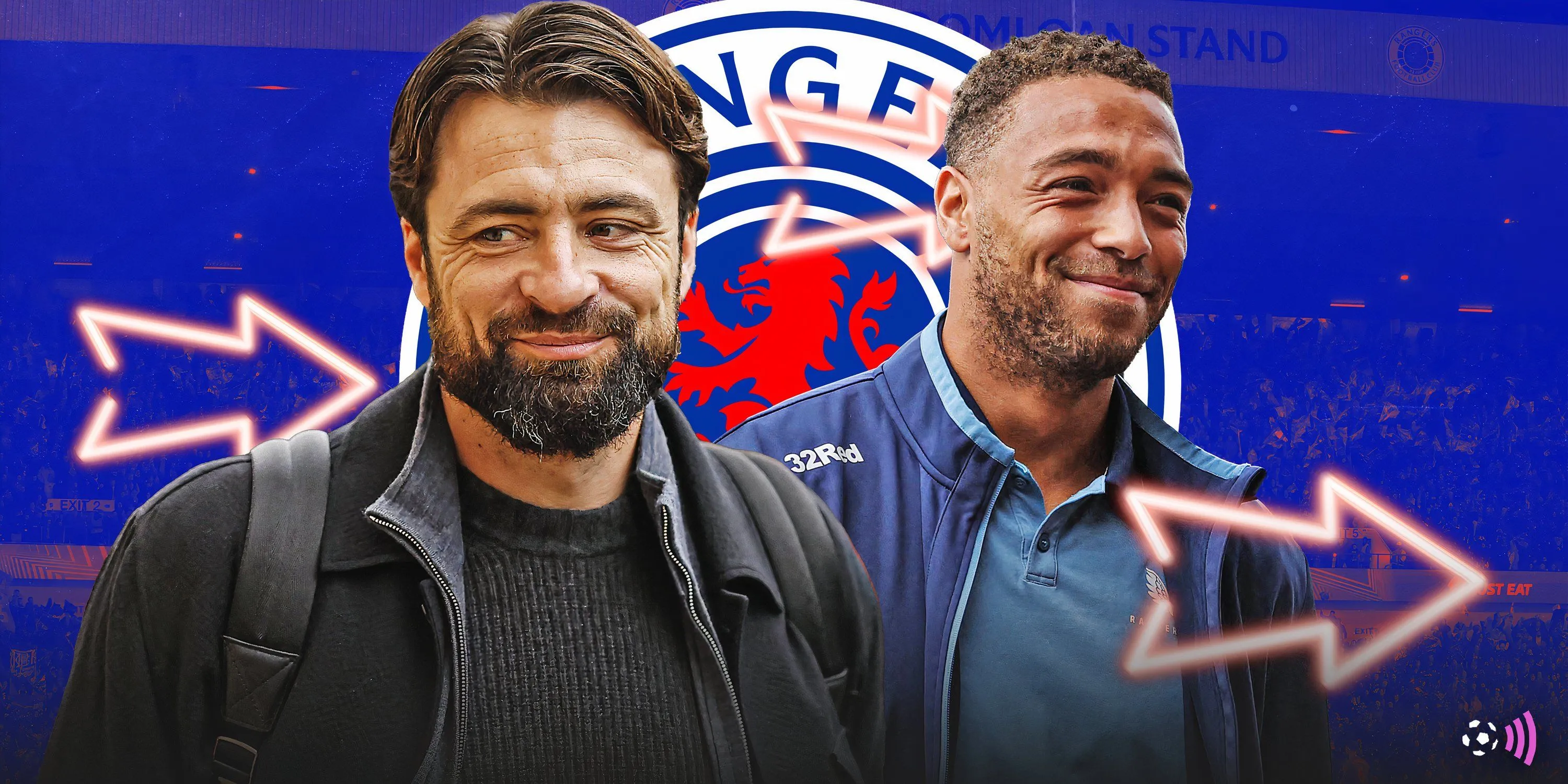 Tiền đạo Cyriel Dessers và HLV Russell Martin của Rangers trao đổi